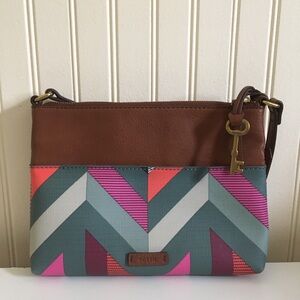 Fossil Fiona brown tan gray pink chevron crossbody purse EUC